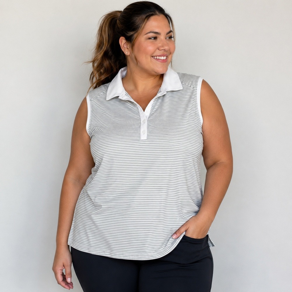 Nike Golf Womens XXL Dri-FIT Sleeveless Polo Shirt Grey White Striped Top